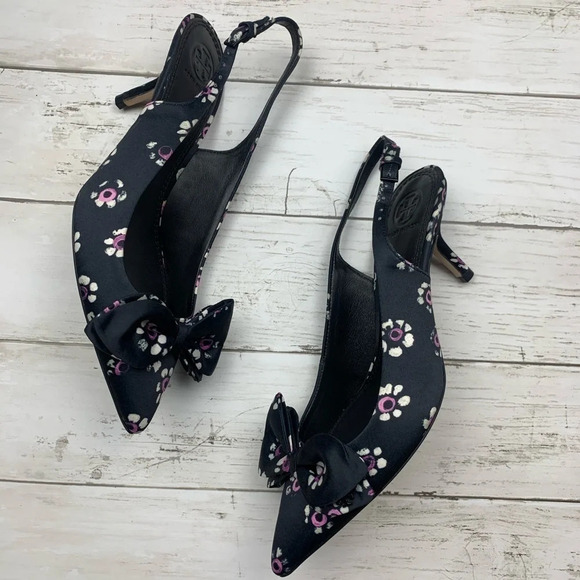 Tory Burch Rosalind Bow Pumps SlingBack Heels 7 1/2 Floral Career Classic - Picture 1 of 10